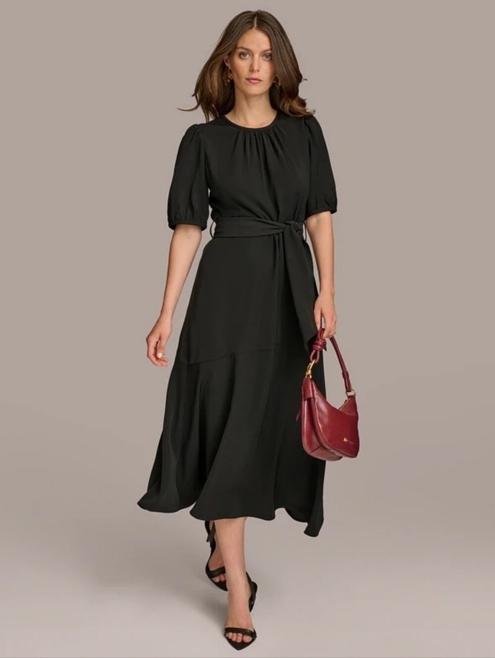 Donna Karan Puff-Sleeve Belted A-Line Midi Dress Sz 10 NWT Black Classic